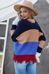 Blue Colorblock Distressed Sweater