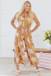 Online Khaki Floral Print Sleeveless Button up Wide Leg Loose Jumpsuit