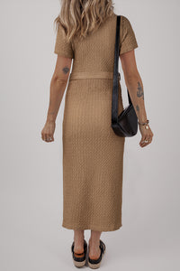 Online Buckskin Short Sleeve Textured Button Up Tie Waist Long Dress