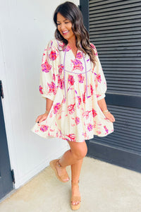 OnlinePink Floral Print Balloon Sleeve V Neck Babydoll Mini Dress