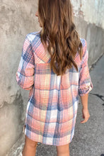 Load image into Gallery viewer, Pink Plaid Roll-tab Sleeve Side Slit Shirt Dress
