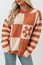 Load image into Gallery viewer, Online Orchid Petal Checkered Floral Print Striped Sleeve Sweater
