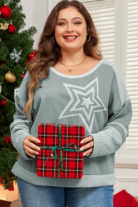 Online Mist Green Stars Patchwork Round Neck Plus Size T Shirt