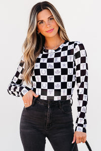 Online Black Checkerboard Western Elements Printed Mesh Long Sleeve Top