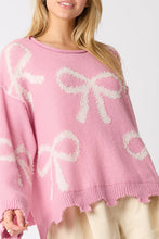 Load image into Gallery viewer, Online Pearl Beaded Bowknot Pattern Distressed Split Hem Sweater
