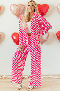 Online Pink Checkered Buttoned Shirt and High Waist Pants Pajama Set