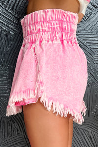 Online Pink Washed Wide Smocked Waistband Frayed Denim Shorts