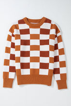 Load image into Gallery viewer, Online Pink Checkered Ribbed Edge O Neck Drop Shoulder Sweater
