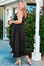 Load image into Gallery viewer, Black Ruffled Thigh High Slit Sleeveless Plus Size Evening Dress
