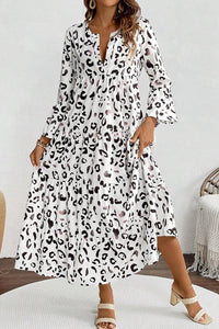 White Leopard Print Notch V Neck Loose Fit Maxi Dress