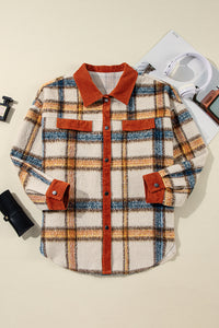 Online Brown Stripe Plus Size Plaid Print Collared Buttoned Jacket