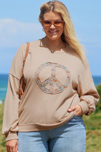 Online Pale Khaki Floral Peace Sign Graphic Washed Terry Plus Size Sweatshirt