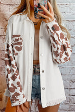 Load image into Gallery viewer, Online White Cow Spot Patchwork Flap Pocket Distressed Hem Long Denim Jacket
