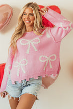 Load image into Gallery viewer, Online Pearl Beaded Bowknot Pattern Distressed Split Hem Sweater

