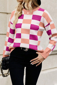 Online Pink Checkered Ribbed Edge O Neck Drop Shoulder Sweater