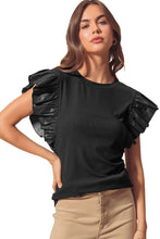 Load image into Gallery viewer, Online Black Leather Ruffle Sleeve Patchwork Round Neck Blouse
