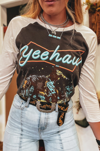 Online Brown Western Yeehaw Graphic Vintage Raglan Long Sleeve Top