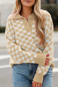 Online Apricot Checkered Buttons Collar V Neck Drop Shoulder Sweater