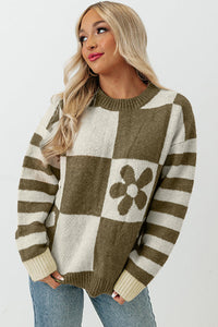 Online Orchid Petal Checkered Floral Print Striped Sleeve Sweater