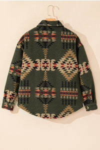 Online Green Aztec Print Flap Pockets Long Sleeve Shacket