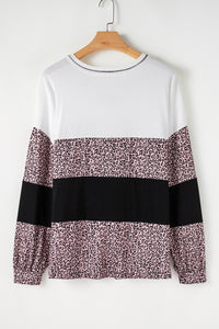 Online Black Leopard Print Colorblock V Neck Long Sleeve Plus Size Top