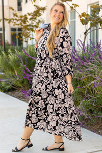 Online Black Plus Size Floral Printed Puff Sleeve Collared Maxi Dress