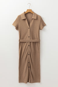 Online Buckskin Short Sleeve Textured Button Up Tie Waist Long Dress