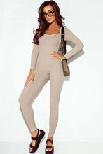 Load image into Gallery viewer, Beige Ruched Square Neck Long Sleeve Sports Jumpsuit
