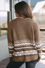 Load image into Gallery viewer, Online Brown Western Printed Ribbed Trim Collared Zip up Cardigan
