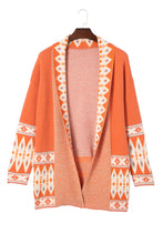 Load image into Gallery viewer, Online Orange Printed Aztec Print Open Front Knitted Cardigan
