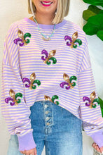 Load image into Gallery viewer, Online Purple Stripe Sequin Fleur de Lis Patched Pattern Long Sleeve Top
