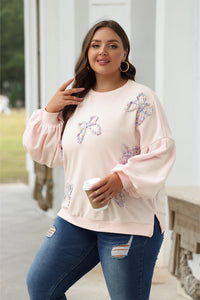 Online Light Pink Embroidered Bow Lantern Sleeve Oversized Pullover Sweatshirt