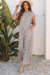 Online Khaki Checkered Print Buttoned Crew Neck Wide Leg Jumpsuit