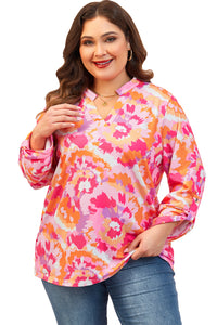 Online Pink Plus Size Abstract Floral Print V Neck Blouse