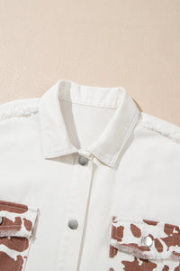 Online White Cow Spot Patchwork Flap Pocket Distressed Hem Long Denim Jacket
