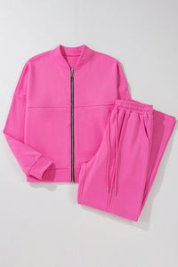 Online Black Solid Seamed Zipper Jacket and Drawstring Waist Pants Set
