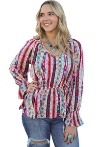 Online Multicolour Western Aztec Split Neck Peplum Blouse
