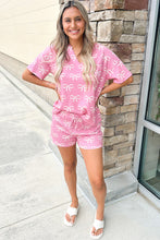 Load image into Gallery viewer, Online Pink Waffle Knit Bowknot Printed V Neck T Shirt and Shorts Set
