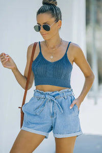 Blue Cable Knit Crop Top with Ribbed Hem