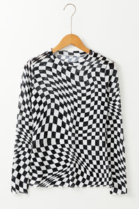 Online Khaki Checkered Pattern Mesh Mock Neck Long Sleeve Top