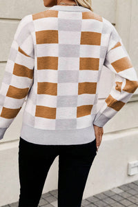 Online Pink Checkered Ribbed Edge O Neck Drop Shoulder Sweater