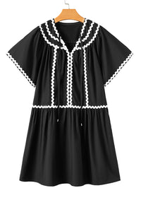 Online Black Contrast Ricrac Trim Short Sleeve V Neck Loose Mini Dress