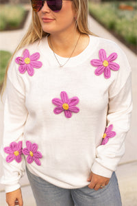 Online White Plus Size Flower Crochet Drop Shoulder Knit Sweater