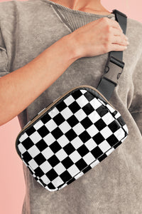 Online White Checkered Print Buckle Wide Belt Crossbody Bag