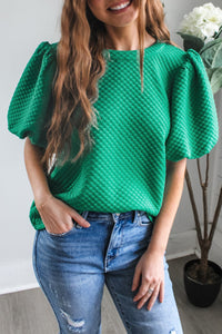 Online Phalaenopsis Solid Textured O Neck Puff Sleeve Blouse