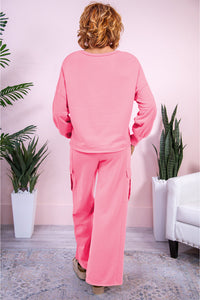 Online Sachet Pink Solid Color Patchwork Pullover Top and Cargo Pants Set
