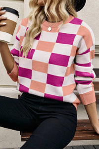 Online Pink Checkered Ribbed Edge O Neck Drop Shoulder Sweater