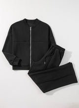 Load image into Gallery viewer, Online Black Solid Seamed Zipper Jacket and Drawstring Waist Pants Set
