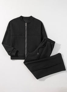 Online Black Solid Seamed Zipper Jacket and Drawstring Waist Pants Set