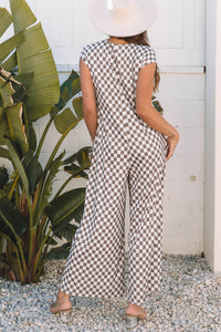 Online Khaki Checkered Print Buttoned Crew Neck Wide Leg Jumpsuit